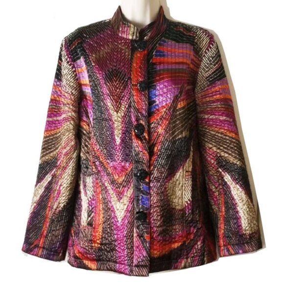 Chico's Quilted Shantung Jacket Size 1 M Mandarin Collar Button Down - Picture 1 of 8